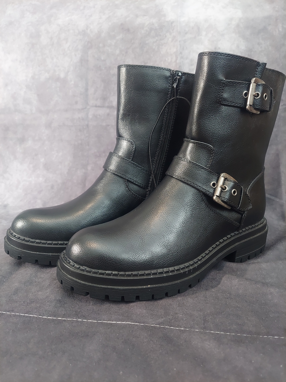 Arizona Jean Co Womens 9.5M Black Faux Leather Mid Calf Boots Dual Buckle NWT